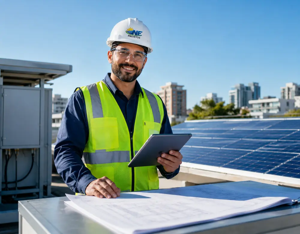 Profissional da NE Projetos em campo com sistema de energia solar