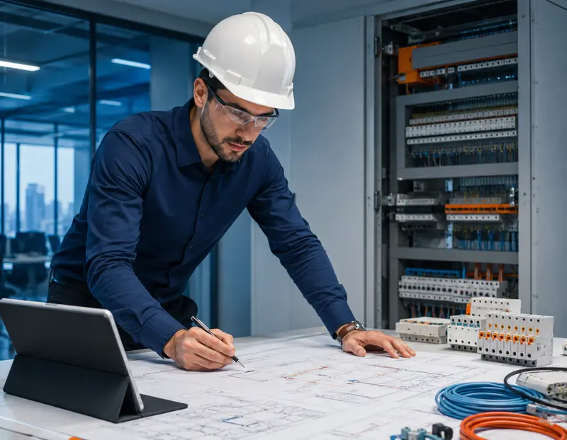 Engenheiro analisando projeto de instalação elétrica